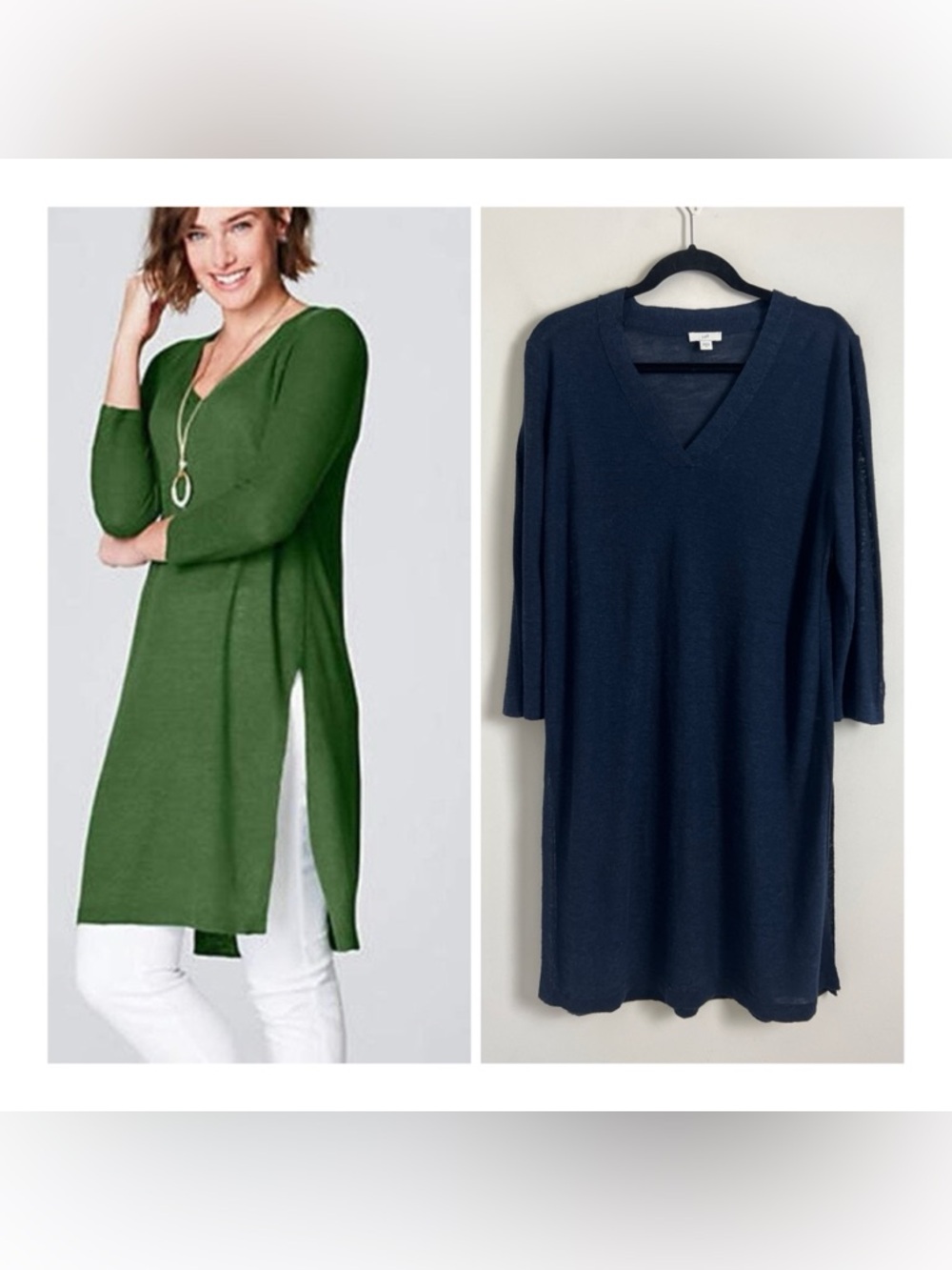 J. Jill Medium Dark Navy Linen Blend Lightweight Long Swing Tunic V-Neck Sweater